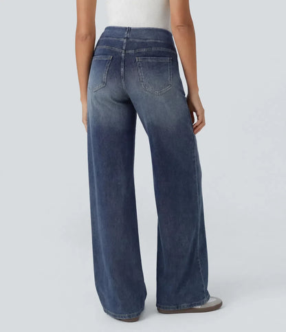High Waisted Pockets Baggy Wide Leg Washed Casual Jeans