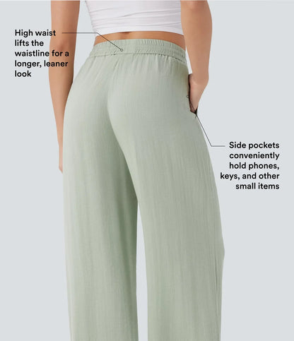 High Waisted Drawstring Pocket Wide Leg Casual Linen-Feel Pants